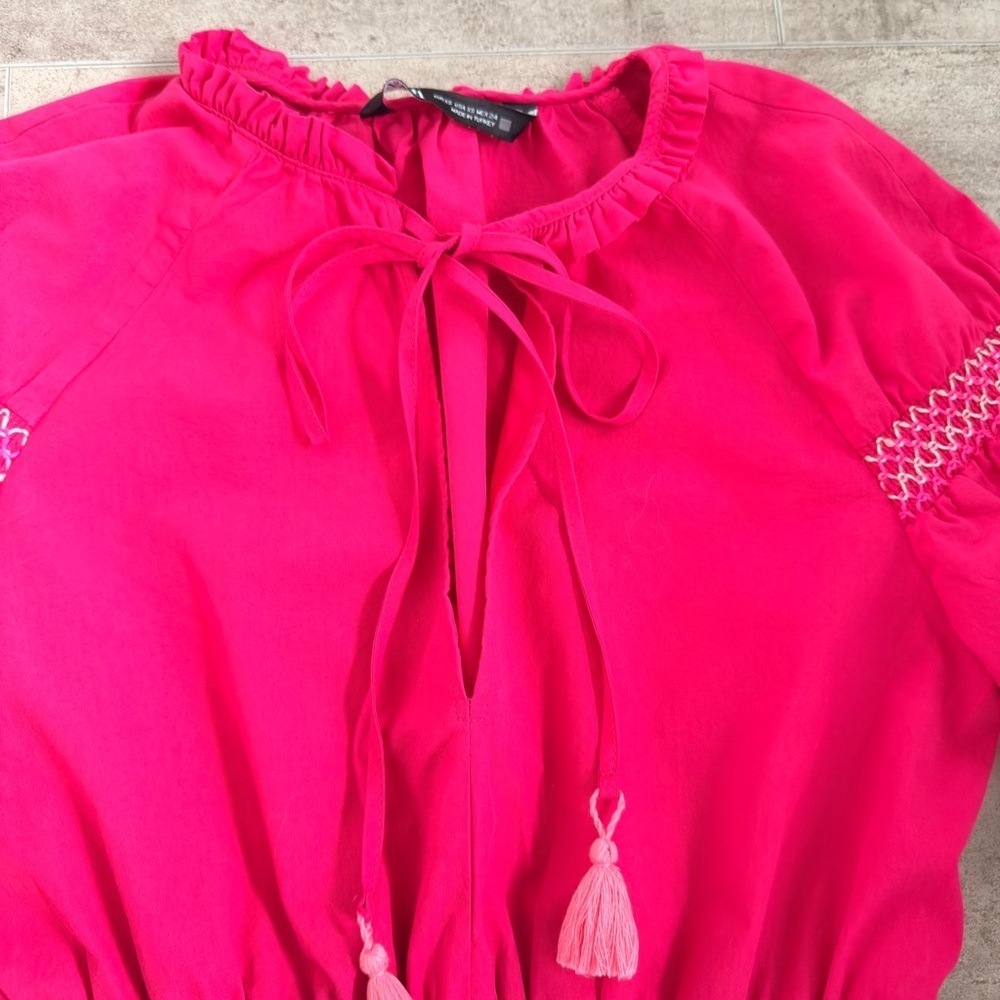 Zara Fuchsia Smocked Poplin Dress Contrast Embroidered Trim Pink Barbie Size XS - Picture 5 of 15